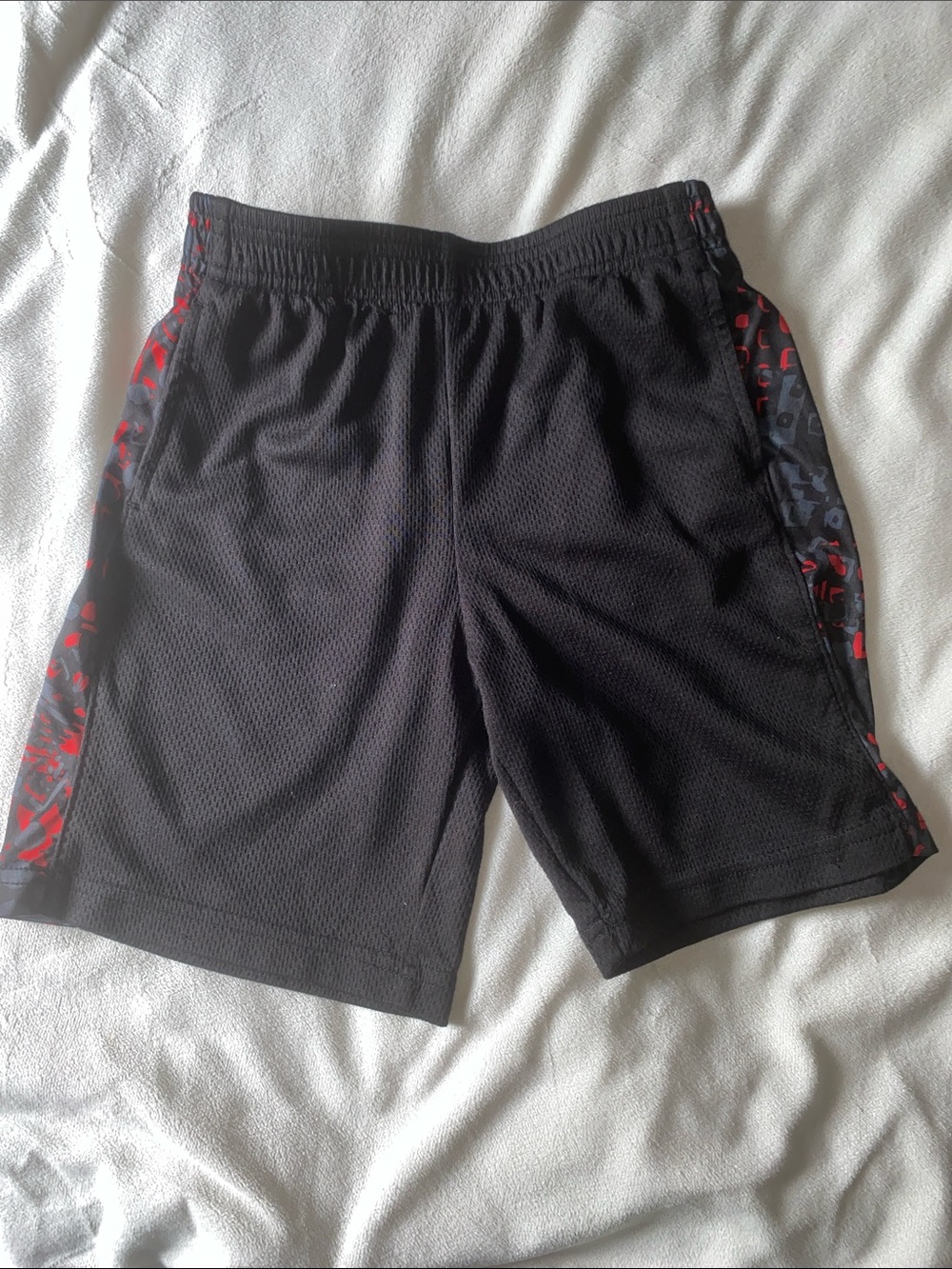 Black Mesh Shorts with Red Trim